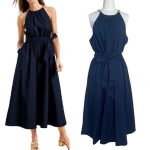 Talbots Navy Blue Gold Chain Shoulder Strap Midi Fit & Flare Cotton Dress | 16P